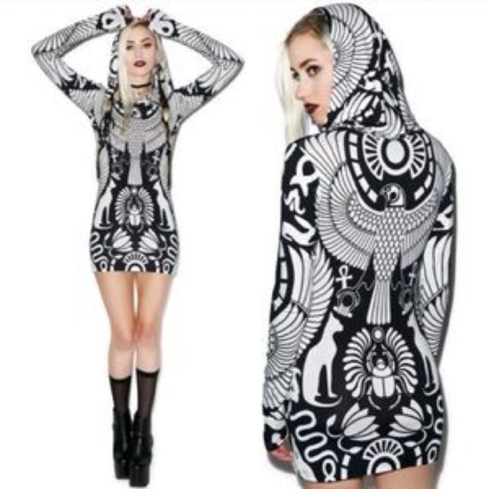 NEW MINT CONDITION KILLSTAR VULTURE HOODED BLACK WHITE PRINT MINI DRESS MEDIUM 🖤